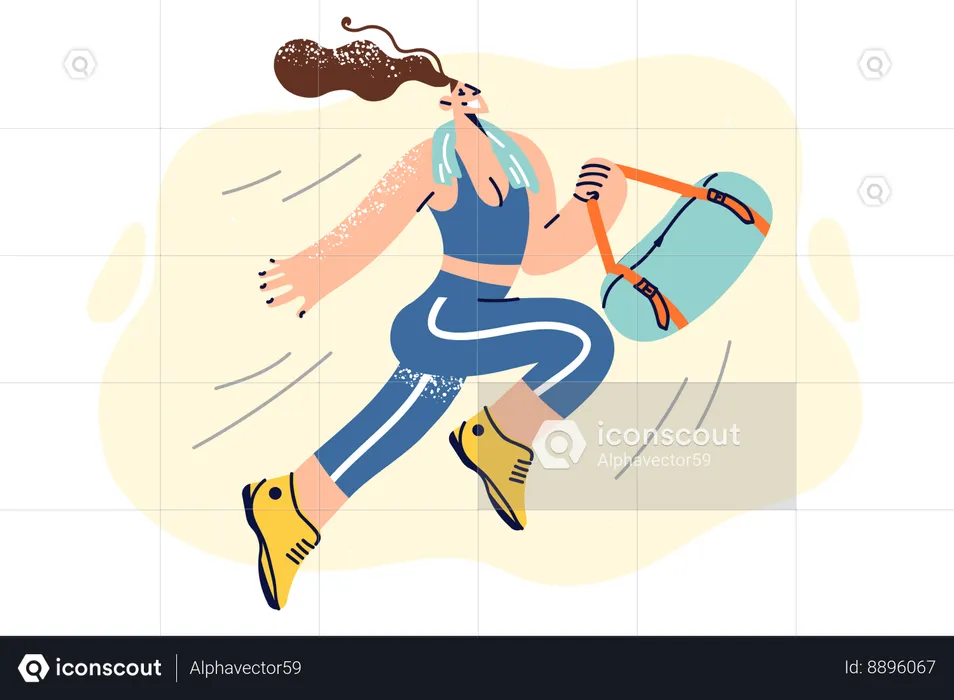 Happy athletic woman in sportswear holding bag with workout accessories and running to fitness club  Illustration