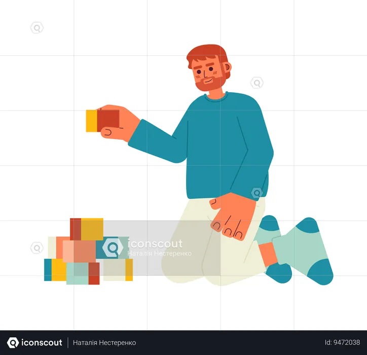 Happy bearded father playing with constructor cubes  Illustration