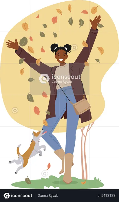 Happy Black Teen Girl Spend Time with Pet Outdoors at Autumn Weather  Illustration