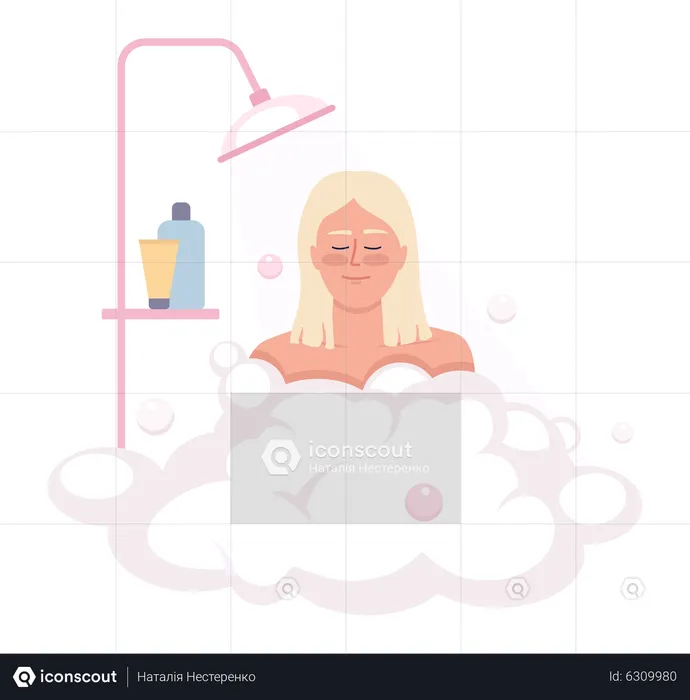 Happy blond woman bathing with shower gel bubbles  Illustration