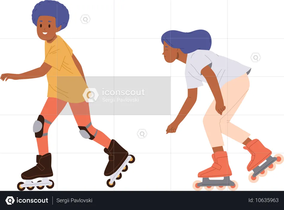 ローラーに乗ってトレーニングレッスンを楽しむ幸せな男の子と女の子  イラスト