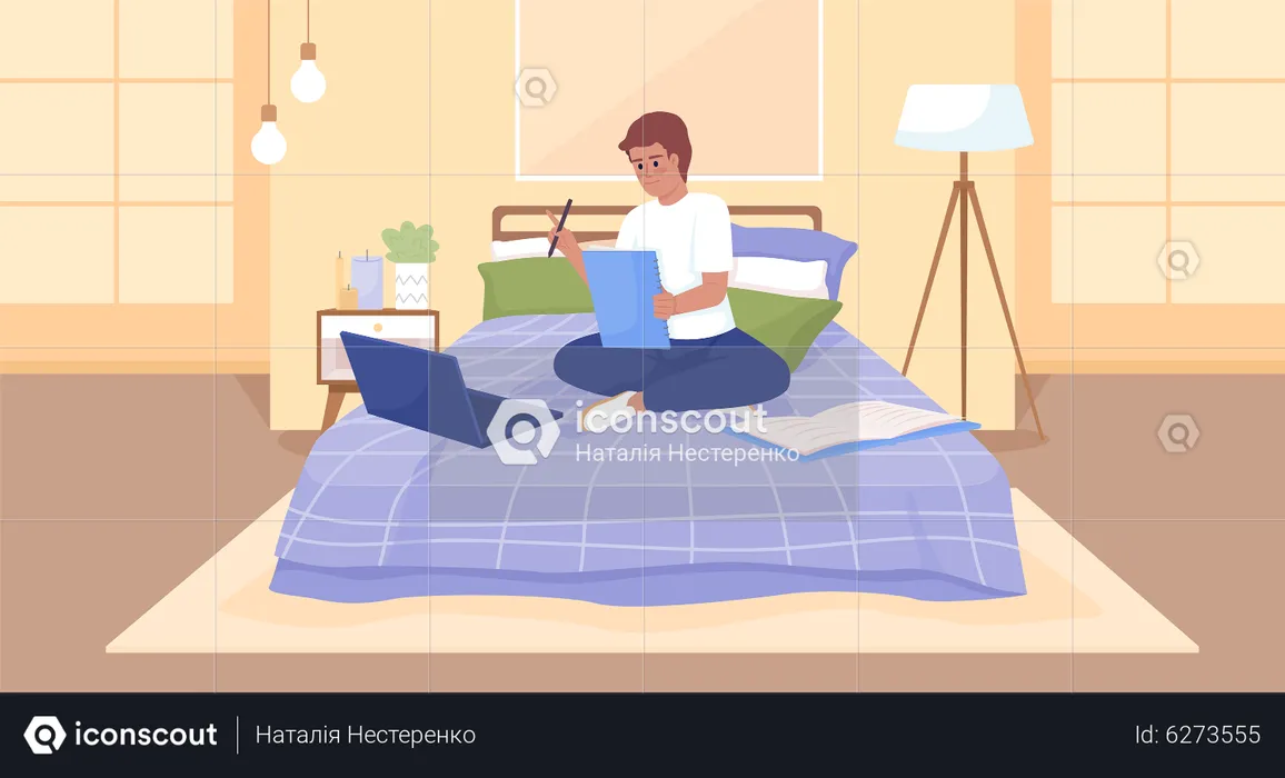 Happy boy doing assignment comfortably in bed  Illustration