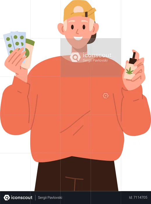 Happy boy holding cannabis medication and cbd oil  Illustration