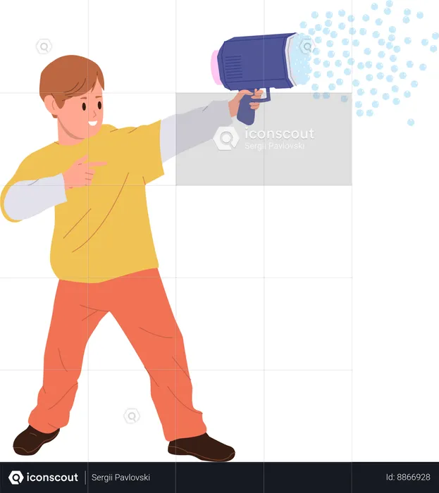 Happy boy making soap bubble with blowing machine  Illustration