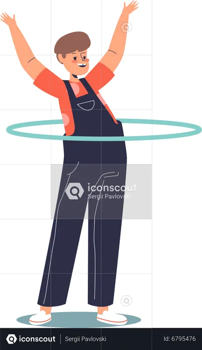 Happy boy play with hula hoop ring spinning on waist  Illustration