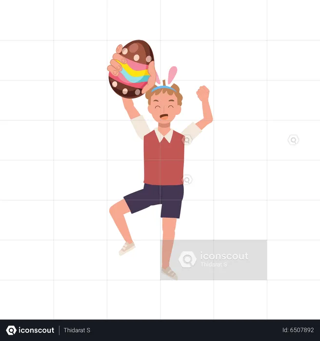 Happy boy with bunny ears holding Easter egg, I found easter egg  Illustration
