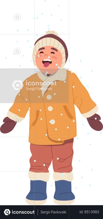 Happy boy with open mouth catching cold fresh snow falling from sky  Illustration