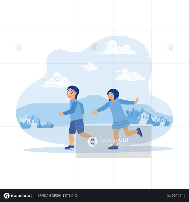 Happy Boys And Girls Running Around Field  Illustration