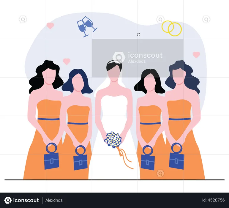 Happy bride with bridesmaids  Illustration