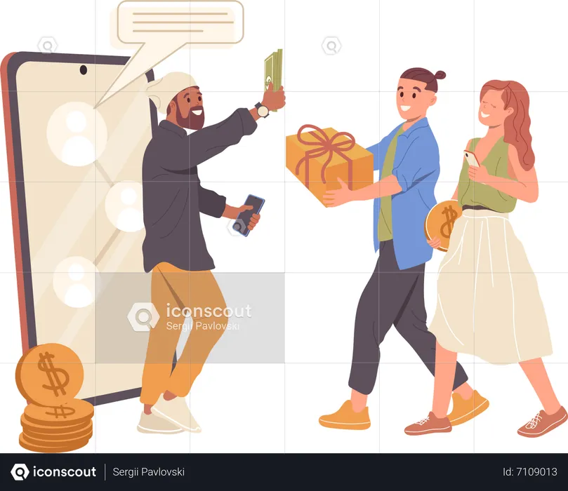 Happy business man giving money bonus for customer joining to referral program in social media  Illustration
