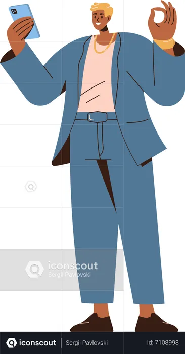Happy business man holding video call chat via smartphone application gesturing ok sign  Illustration