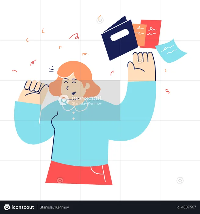 Happy business woman throwing file in air  Illustration