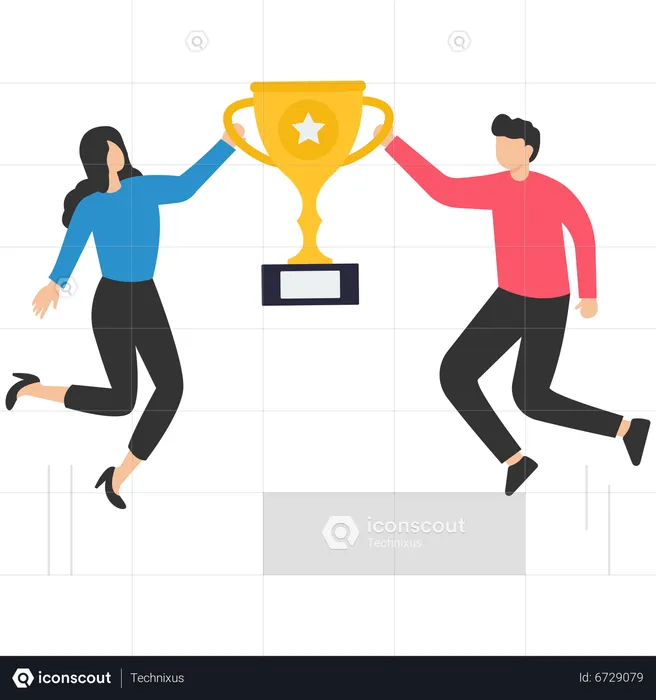 Happy businessman holding winning trophy jumping high for celebration  Illustration