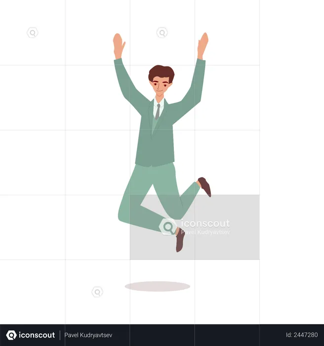 Happy businessman in suit jumping in the air  Illustration