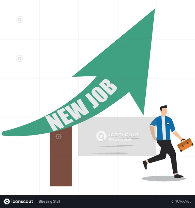 Happy businessman running following sign with words new job  Illustration