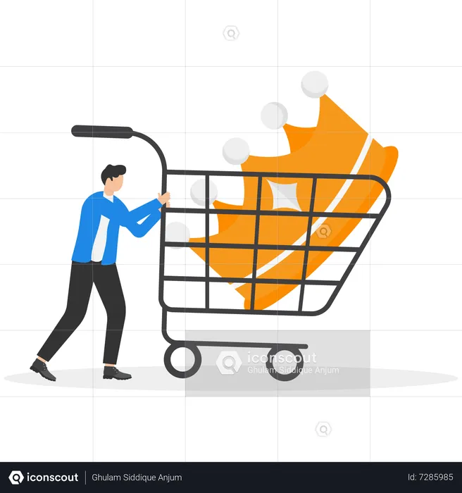 Happy businessman running with cart and king crown  Illustration