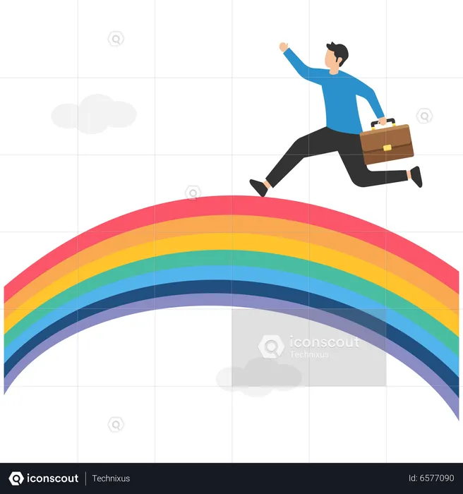 Happy businessman running with suitcase on colourful rainbow in the sky  Illustration