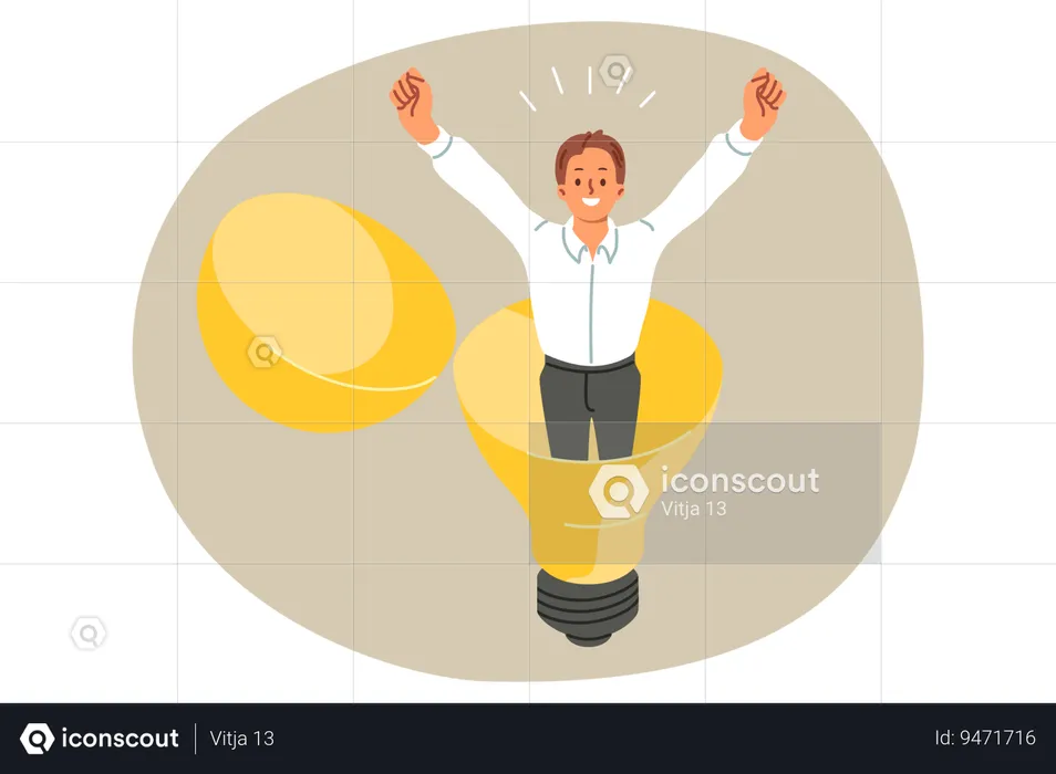 Happy businessman stands inside light bulb raising hands up and rejoicing at new business idea  Illustration
