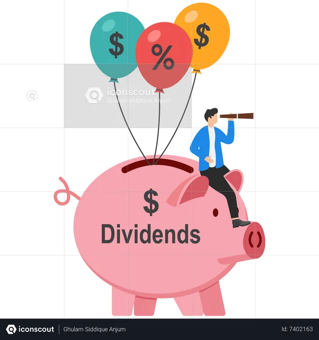 Happy Businessman Stock Investor Sitting On Money Bag With The Word Dividend Floating With Dollar  Illustration