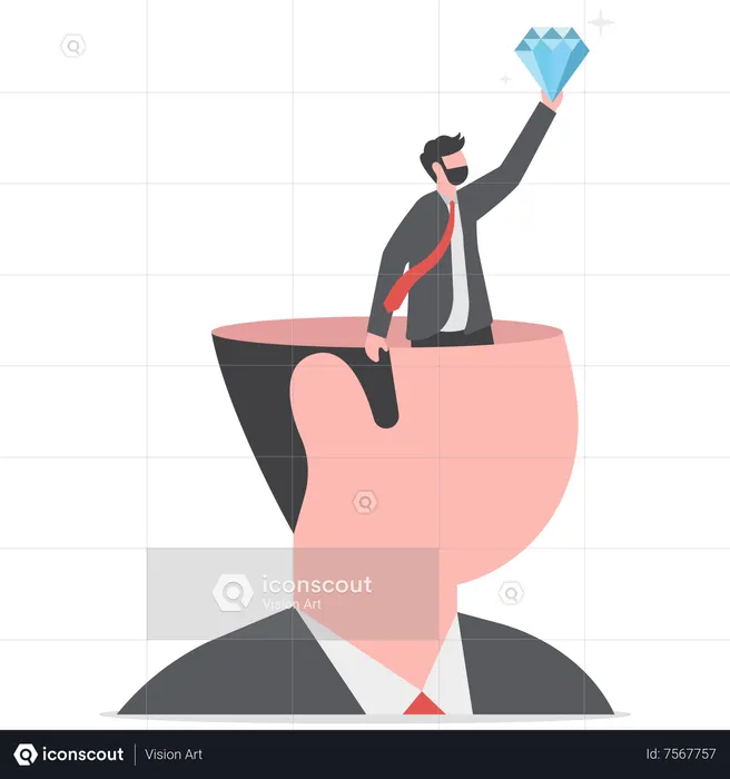 Happy businessman succeed finding valuable diamond inside his head  Illustration