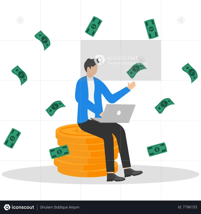 Happy businessman working with computer laptop on stack of money bundle  Illustration