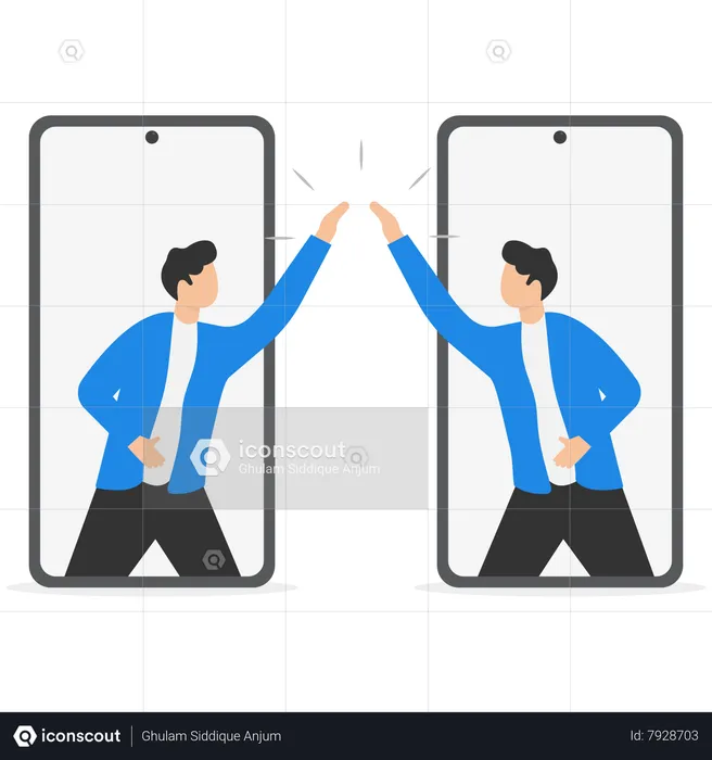 Happy businessmen hi five from mobile phon  Illustration