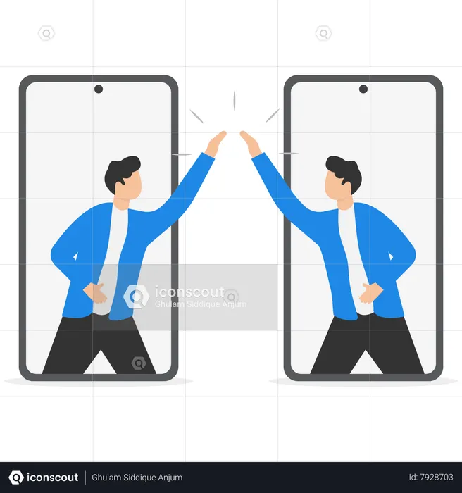 Happy businessmen hi five from mobile phon  Illustration