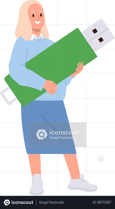 Happy businesswoman holding usb flash drive  Illustration