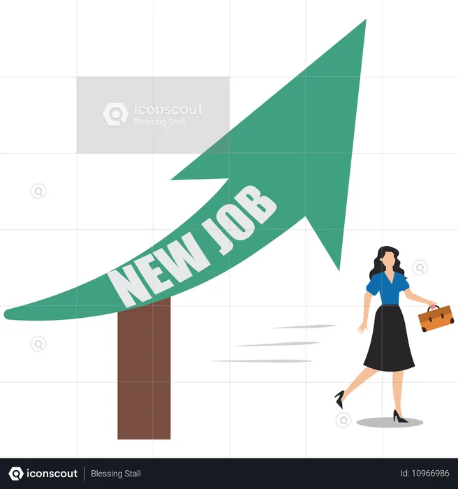 Happy businesswoman running following sign with words new job  Illustration