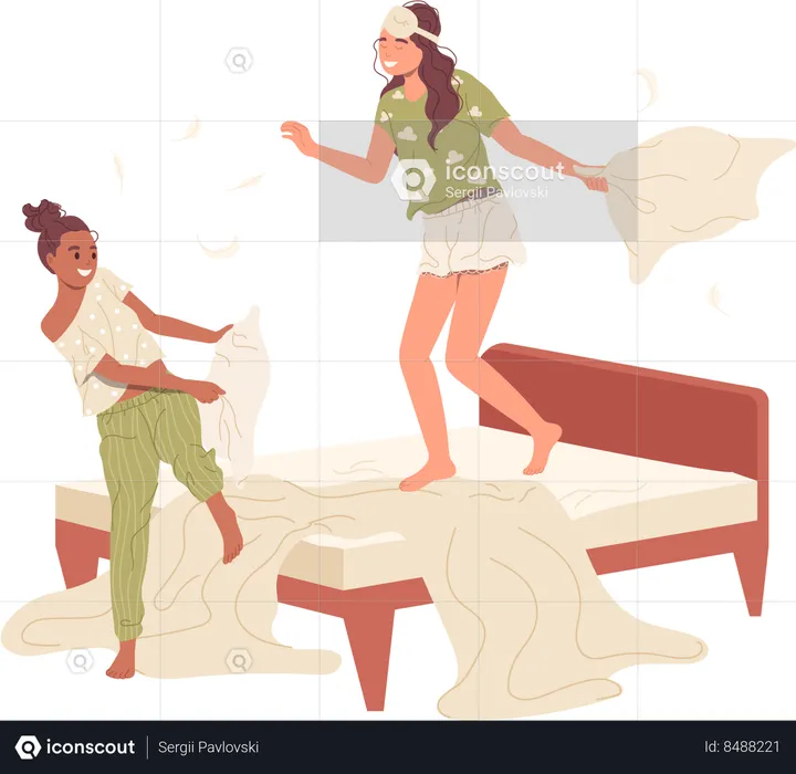 Happy carefree sisters enjoying fun pillow fight on bed at pajama party  Illustration