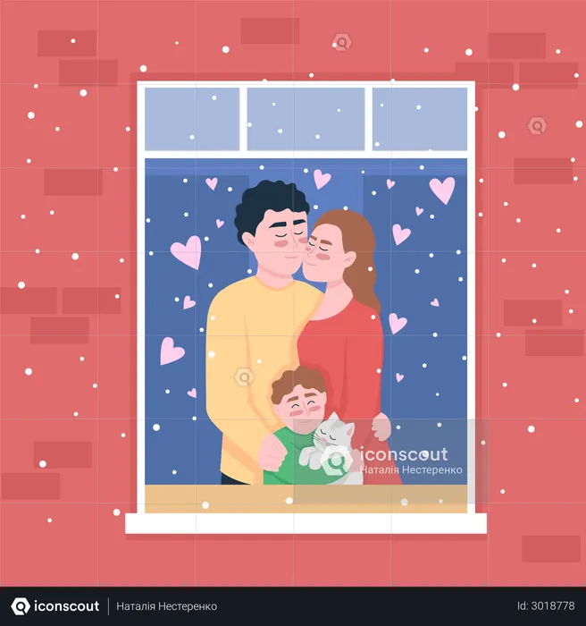 Happy family standing in home window  Illustration