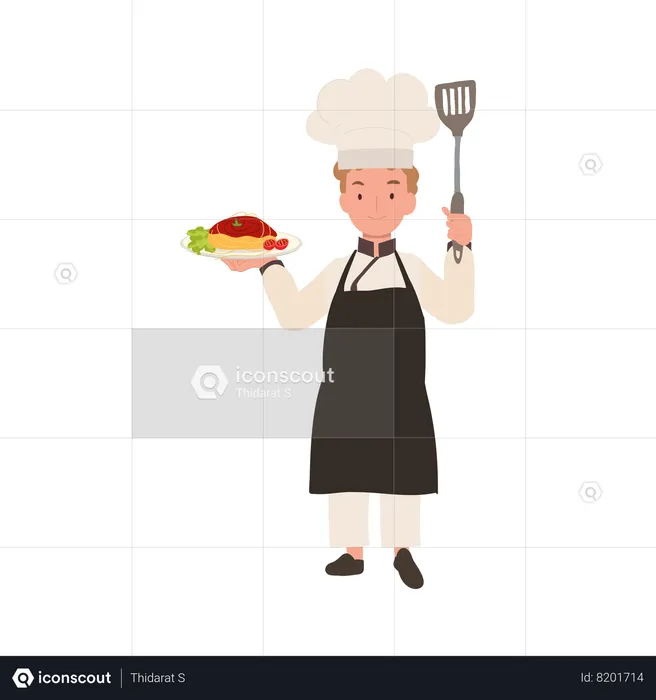 Happy Child Chef Serving Pasta  Illustration