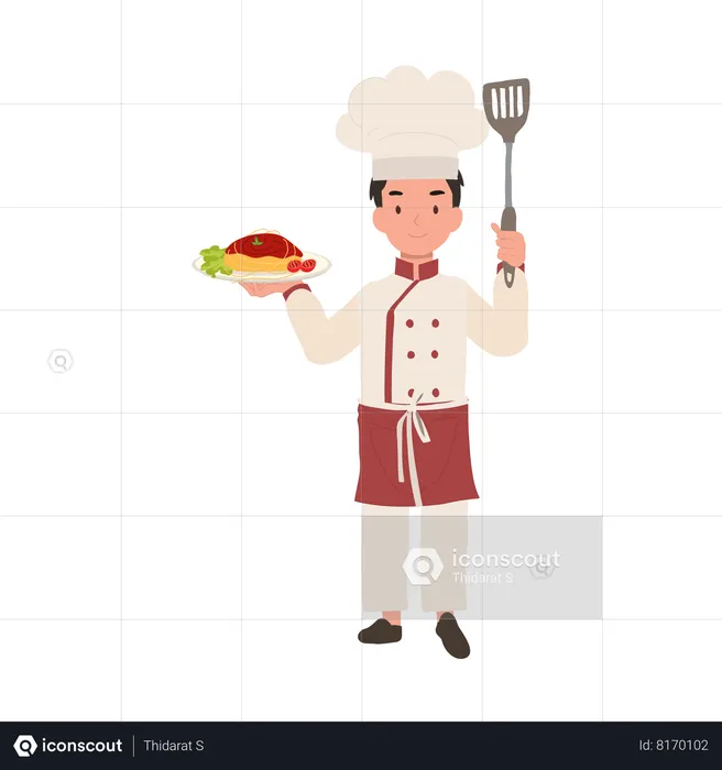 Happy child chef serving pasta  Illustration