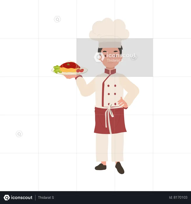 Happy child chef serving pasta  Illustration