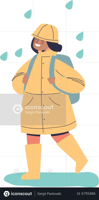 Happy child in raincoat walk to school with backpack protected from rain weather  Illustration