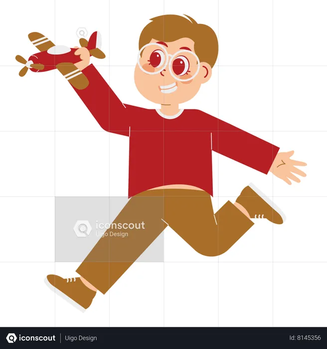 Happy Child Jumping With Toy Plane  Illustration