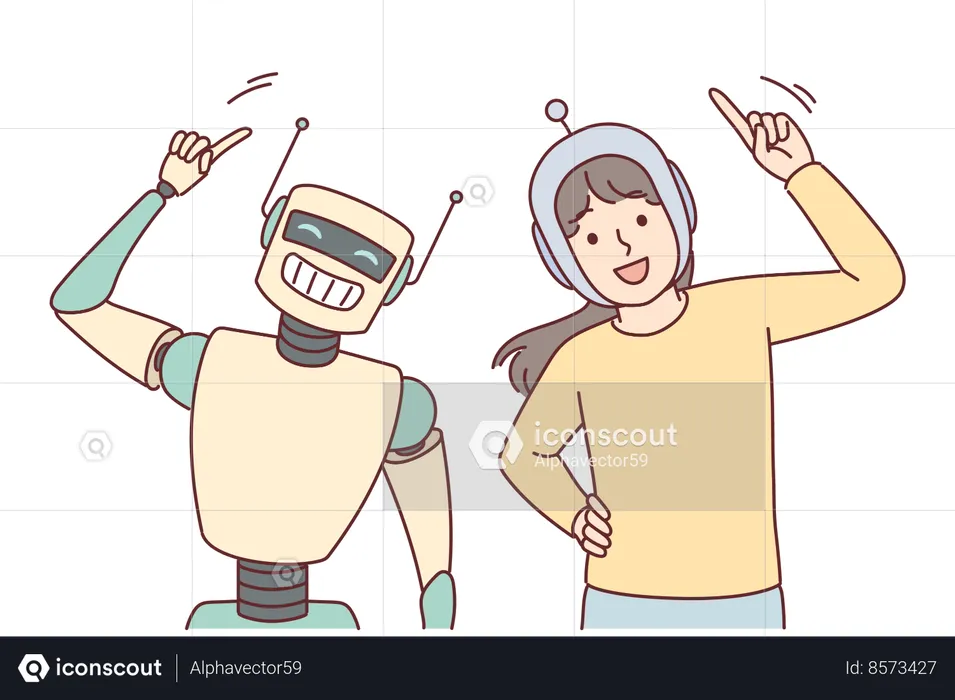 Happy child plays with robot  Illustration