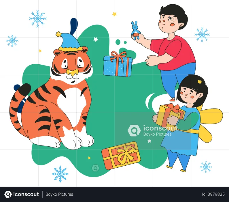 Happy children and tiger enjoying the winter holidays  Illustration