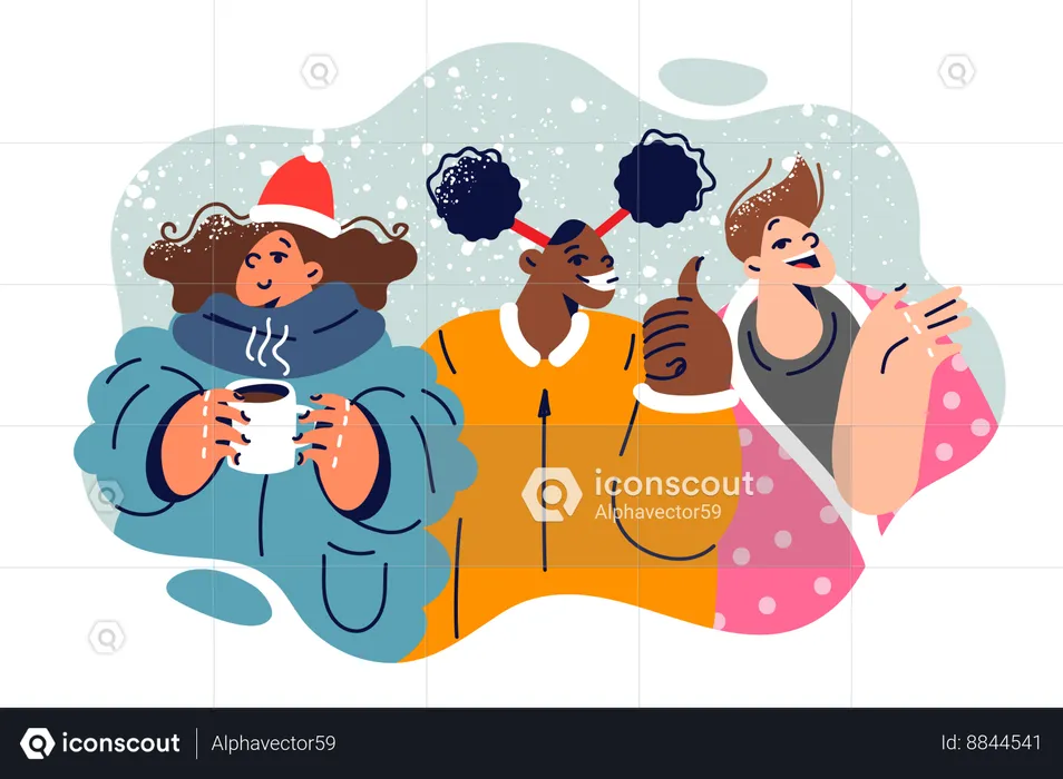 Happy children in winter clothes rejoice at first snow  Illustration