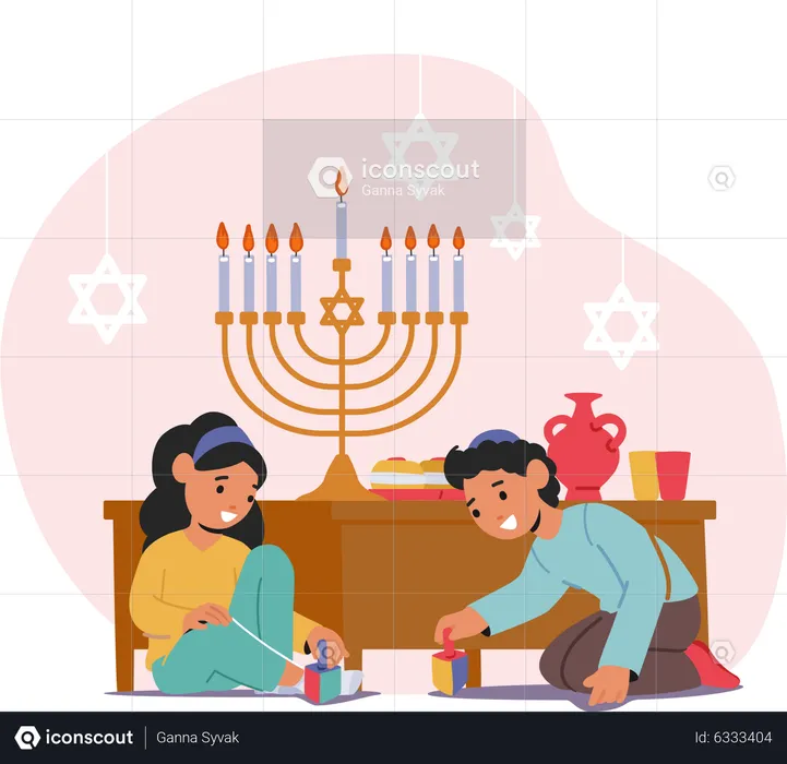 Happy Children Playing With Wooden Dreidels For Hanukkah Holiday Celebration  Illustration