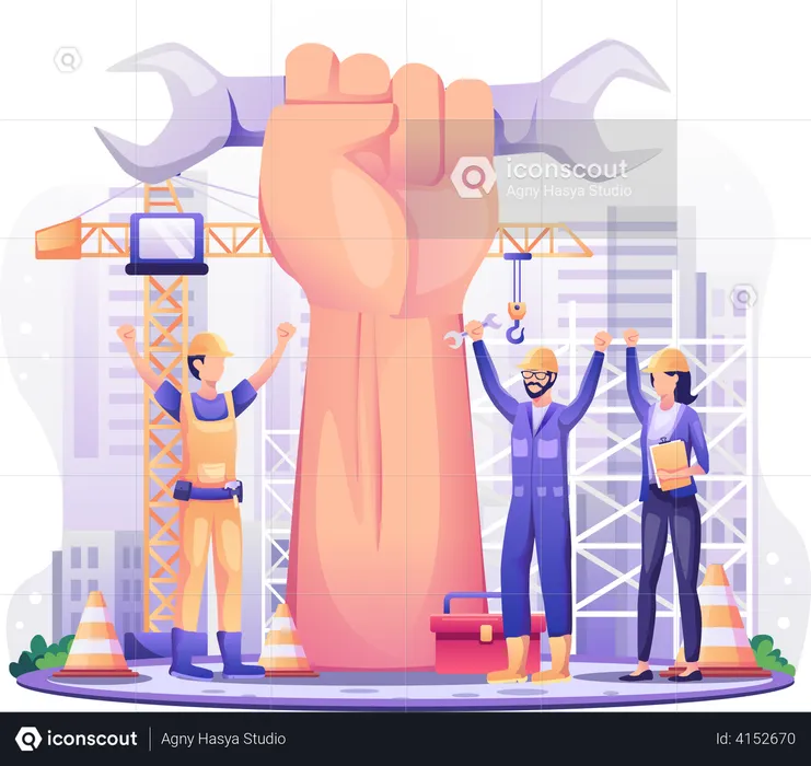Happy construction workers raising hands  Illustration
