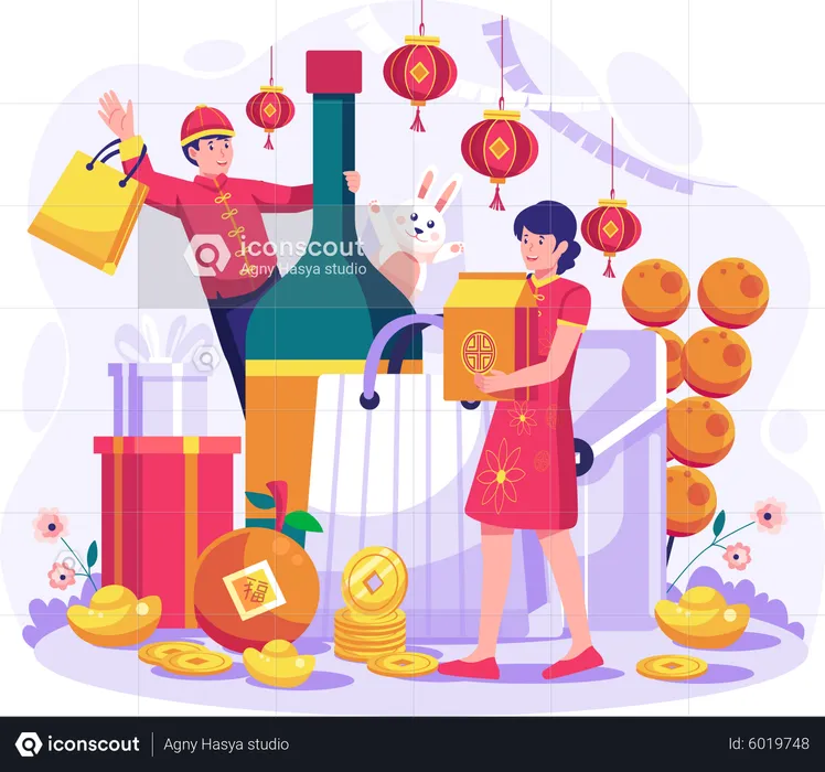 Happy couple buy plenty of new year's groceries  Illustration
