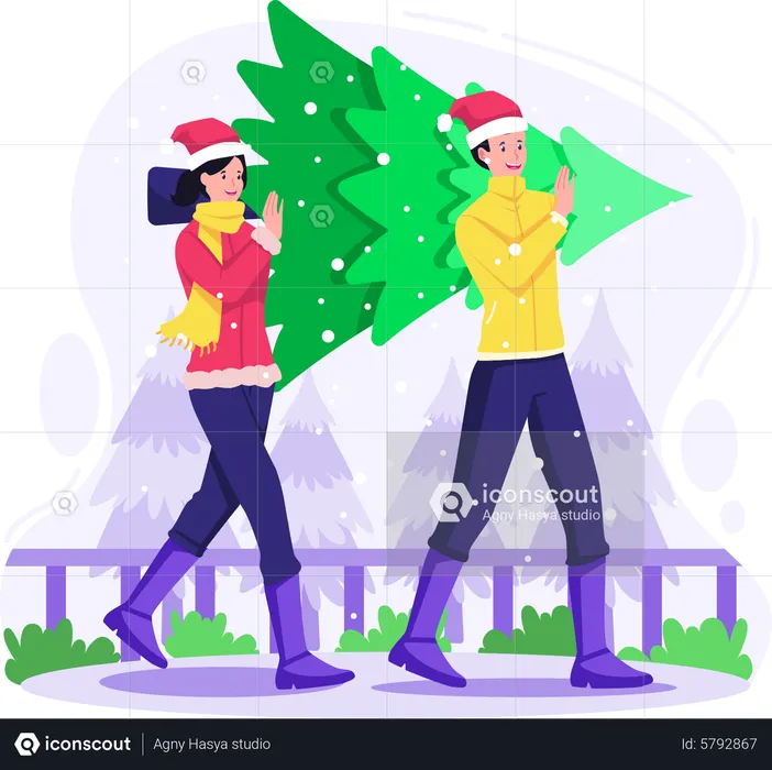 Happy couple carrying together Christmas tree preparing to celebration Christmas  Illustration