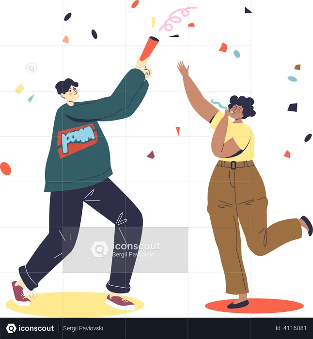 Happy couple celebrating holiday event with cracker and confetti  Illustration