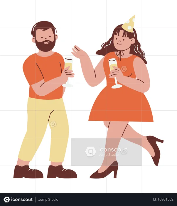 Happy Couple Celebrating New Year and Holding Drinks  Illustration