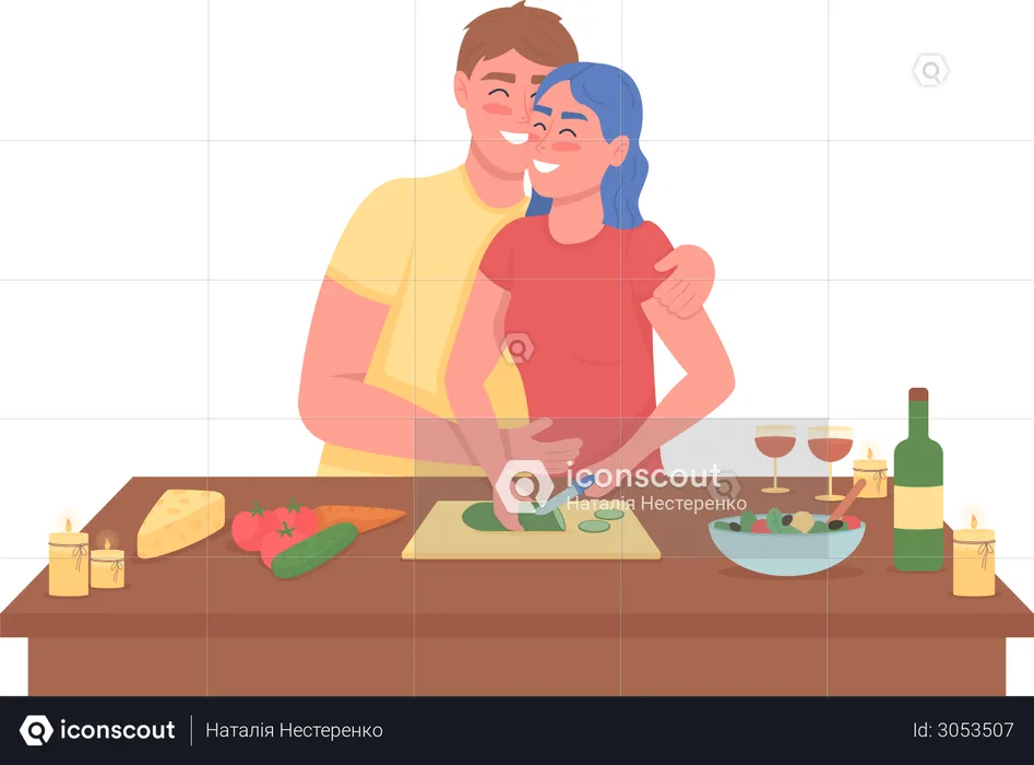 Happy couple cooking romantic dinner  Illustration
