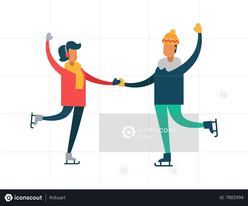 Happy Couple Dancing on Skates, Man and Woman  Illustration
