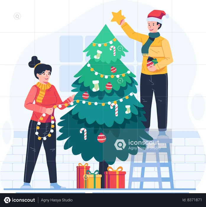 Happy Couple Decorating Christmas Tree Together  Illustration