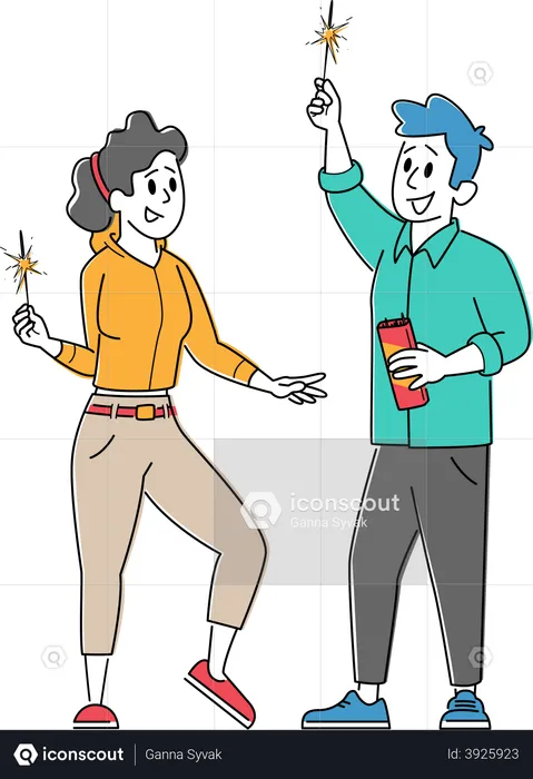 Happy Couple Enjoying Sparklers Burning at Christmas or New Year Holiday Celebration  Illustration