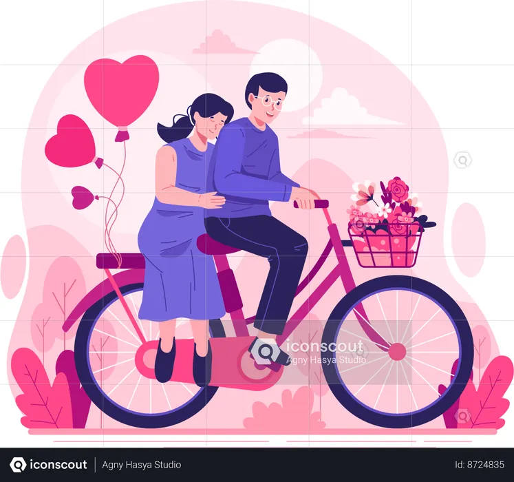 Happy Couple Is Riding a Bicycle Together  Illustration